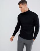 Selected Homme Knitted Roll Neck Sweater In Cable Cotton - Black