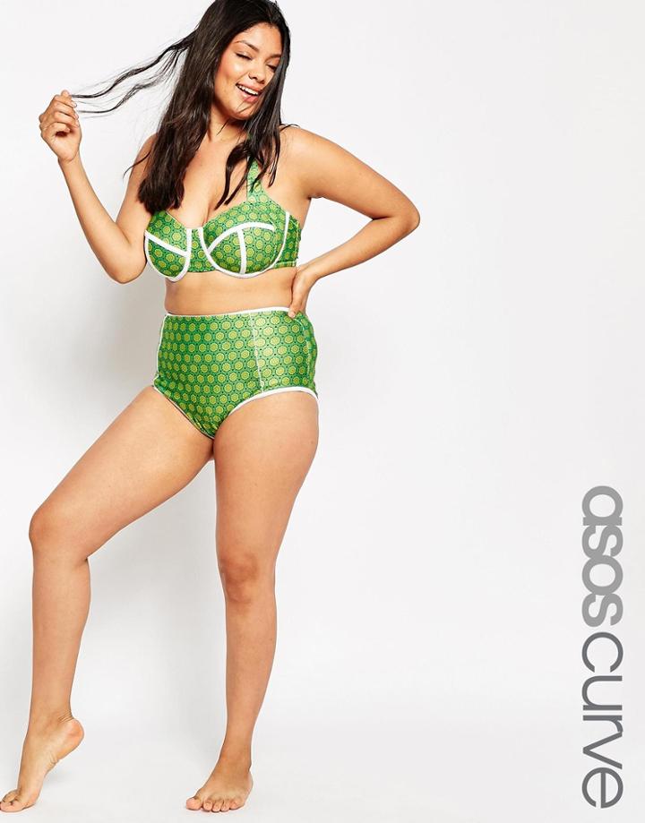 Asos Curve Highwaist Bikini Bottom With Contrast And Support In Retro Floral Print - Print