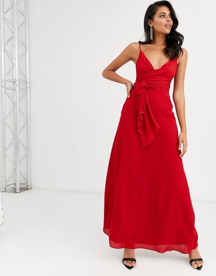 Asos Design Cami Wrap Maxi Dress With Tie Waist-red