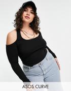 Asos Design Curve Long Sleeve Halter Neck Crop Top In Black