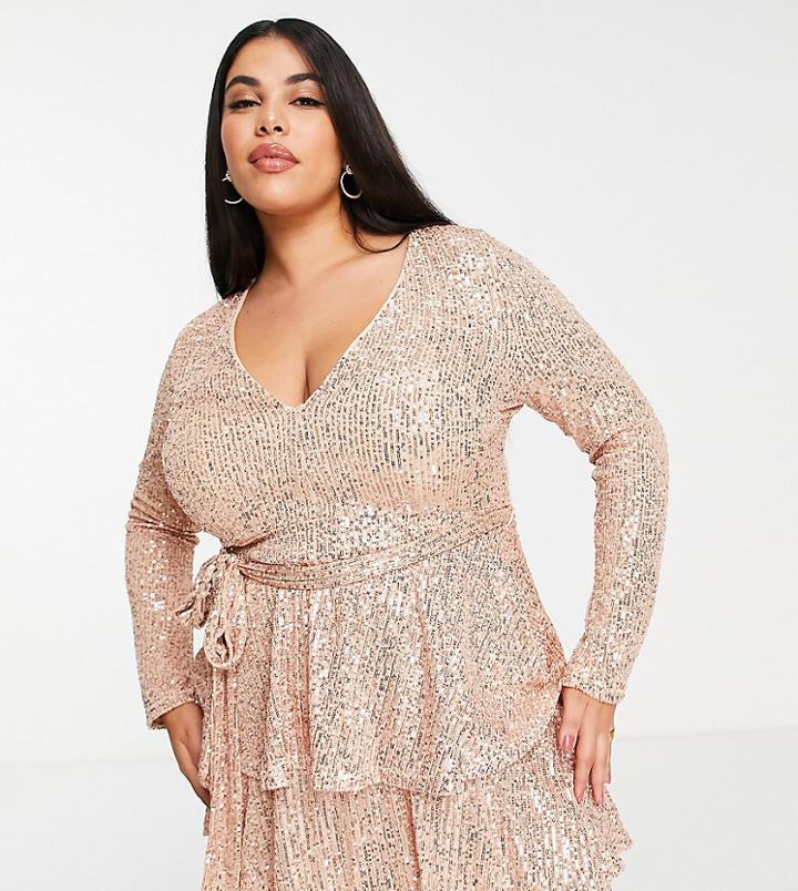 In The Style Plus Exclusive Sequin Plunge Front Tiered Detail Mini Dress In Rose Gold