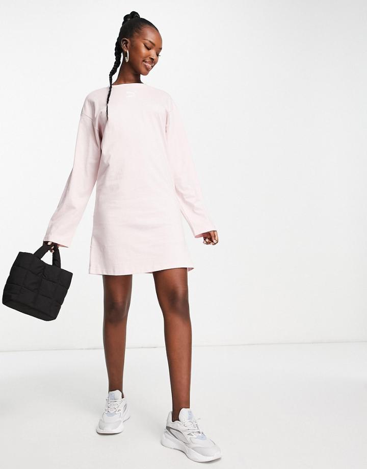 Puma Essentials Long Sleeve T-shirt Dress In Chalk Pink