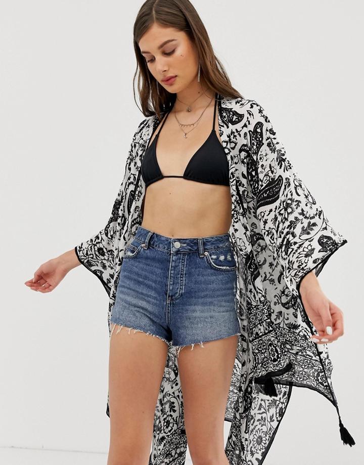 Asos Design Mono Print Kimono Cape With Tassels - Black