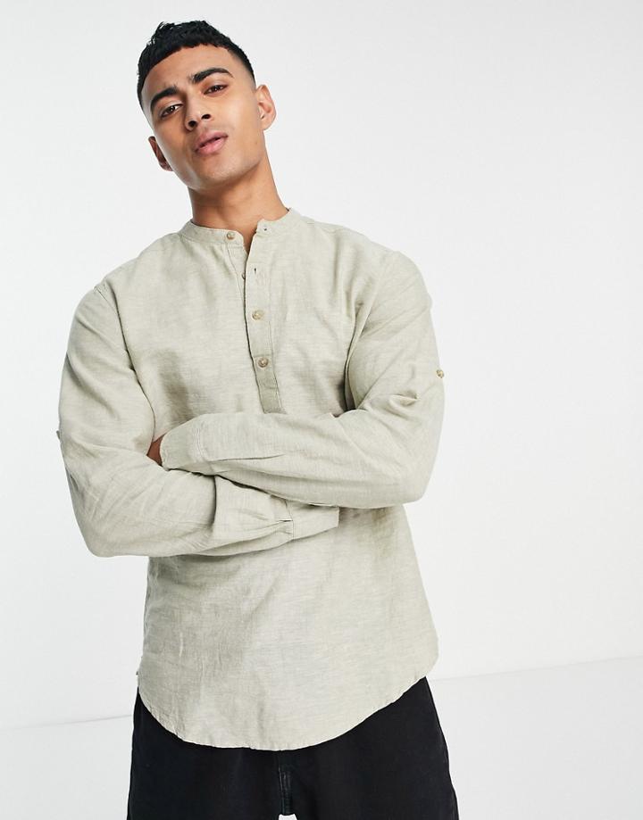 Only & Sons Grandad Collar Overhead Linen Mix Shirt In Khaki Green