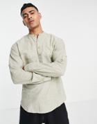 Only & Sons Grandad Collar Overhead Linen Mix Shirt In Khaki Green