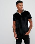 Asos Polo In Velour With Leopard Print Revere Collar - Black