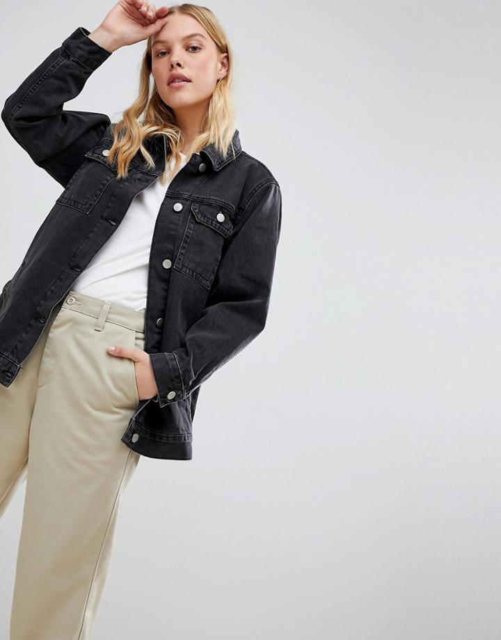 Asos Design Denim Girlfriend Jacket In Washed Black