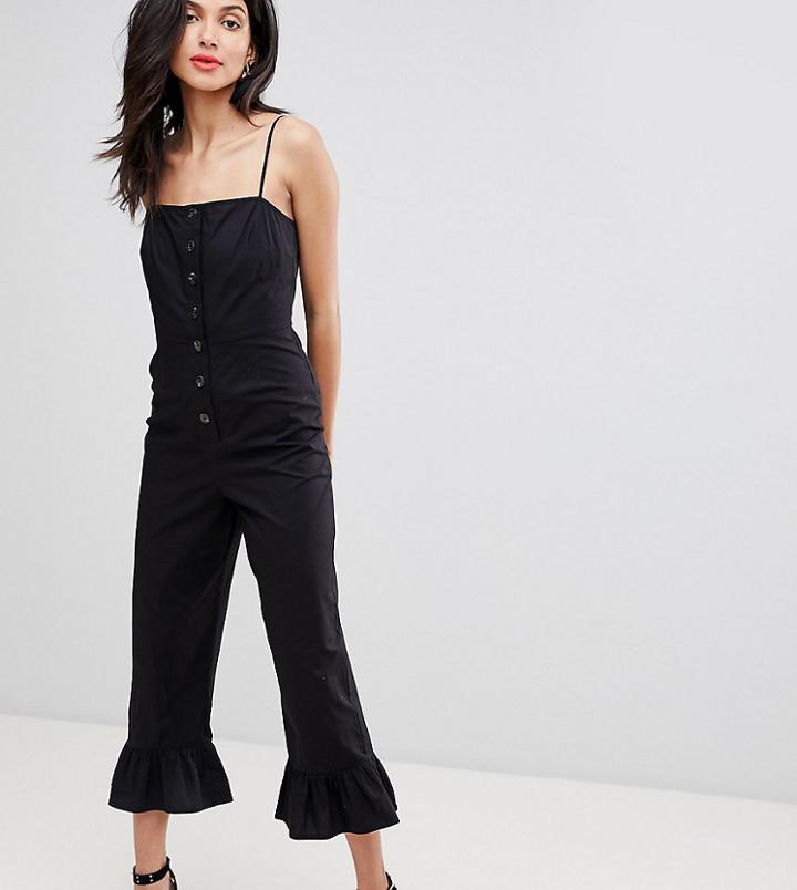 Asos Design Tall Cotton Frill Hem Jumpsuit With Square Neck And Button Detail - Black