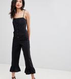 Asos Design Tall Cotton Frill Hem Jumpsuit With Square Neck And Button Detail - Black