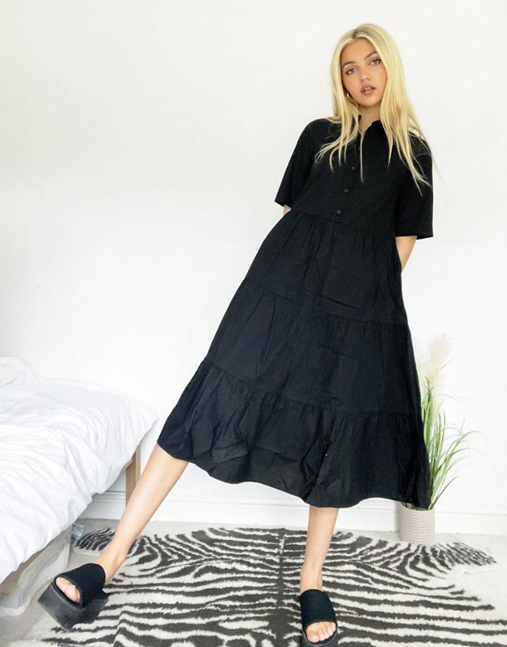 Monki Ronja Organic Cotton Midi Shirt Dress In Black