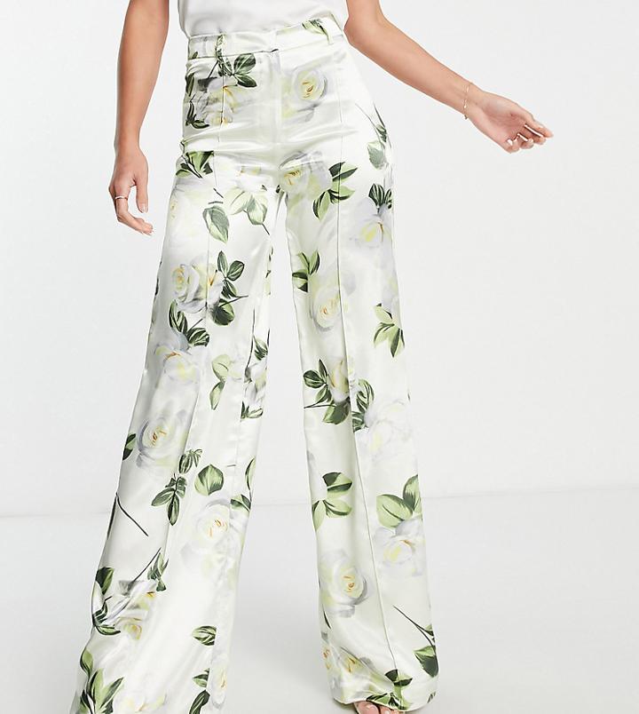 Liquorish Tall Bridal Satin Tailored Pants In White Rose Print - Part Of A Set-multi