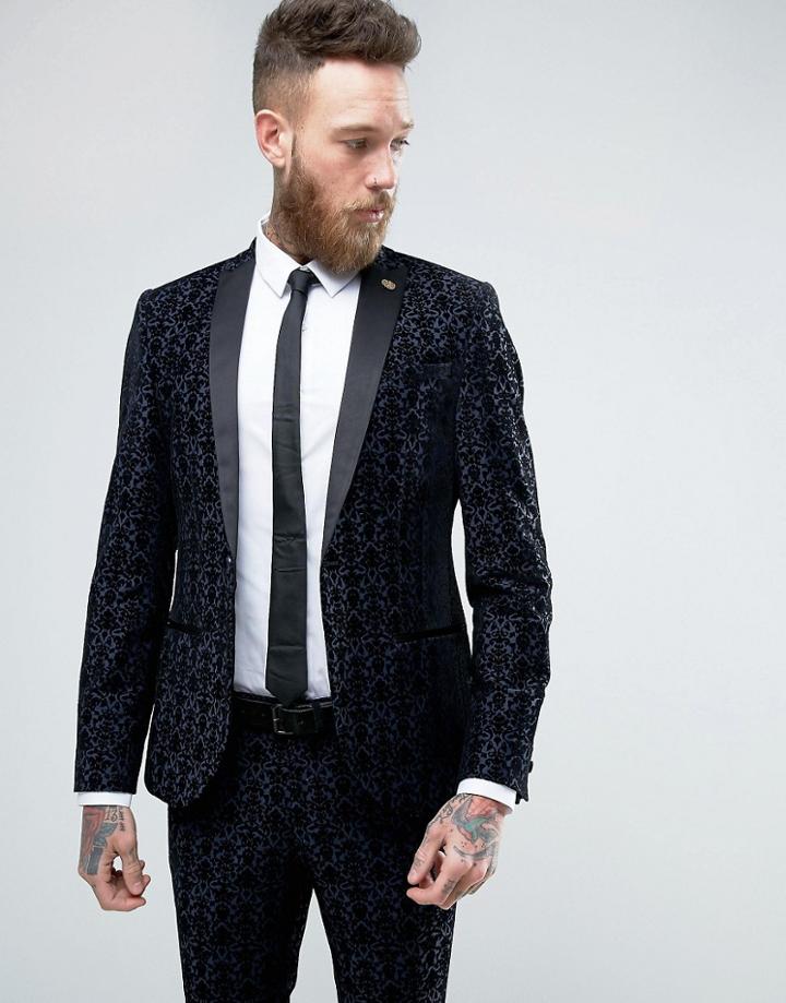 Noose & Monkey Super Skinny Suit Jacket With Floral Flocking - Navy