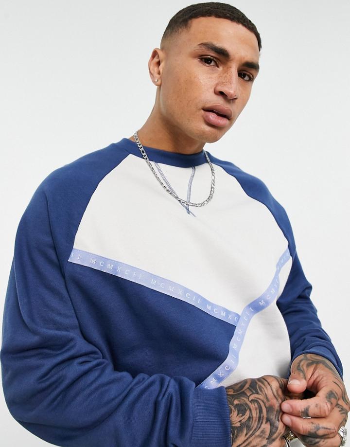 Asos Design Set Oversized Sweatshirt With Blocking And Numerals Tape-navy