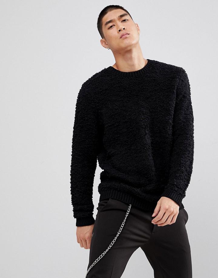 Asos Fluffy Textured Sweater In Black - Black