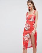 Asos Design Botanical Print V Bar Pencil Dress - Red