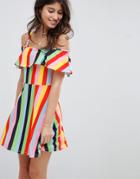 Asos Design Rainbow Stripe Skater Sundress With Frill Layer - Multi