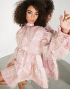 Asos Edition Tiered Smock Mini Dress With High Neck In Fluffy Jacquard In Pink