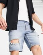 Asos Design Slim Denim Shorts In Mid Blue Tinted Wash With Heavy Rips