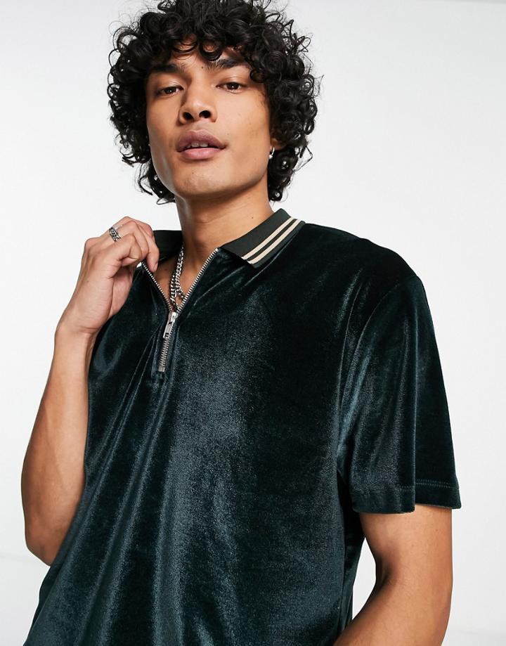 Asos Design Relaxed Polo T-shirt In Green Velour