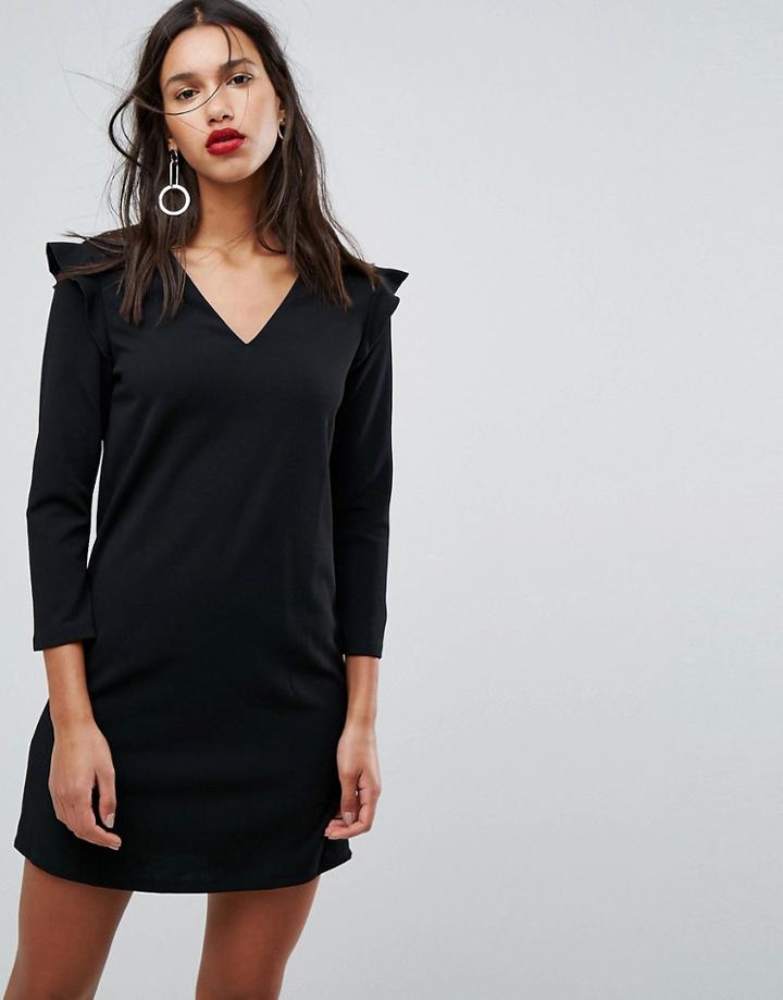 Mango Frill Shoulder V-neck Dress - Black