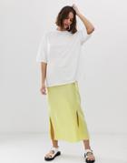 Asos Design Bias Cut Satin Midi Skirt With Splits-yellow