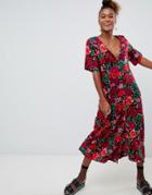 Monki Short Sleeve Button Through Flower Print Midi Dress - Multi