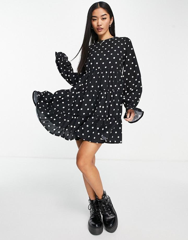 Asos Design Bubble Crepe Tiered Smock Romper In Mono Spot-multi