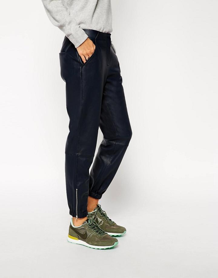 Asos White Leather Tapered Jogger - Navy
