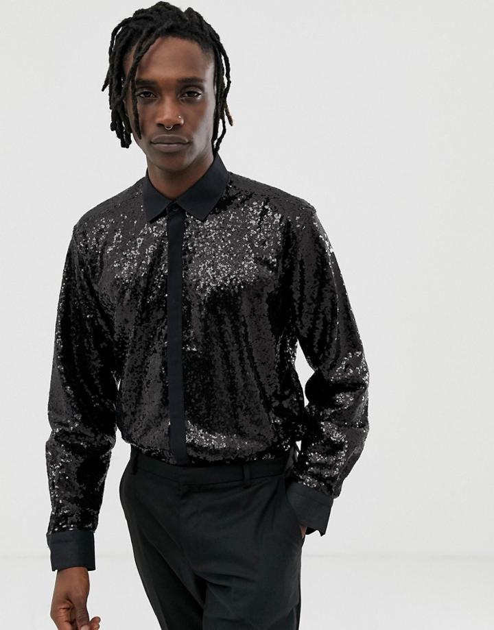 Twisted Tailor Super Skinny Sequin Shirt In Black - Black
