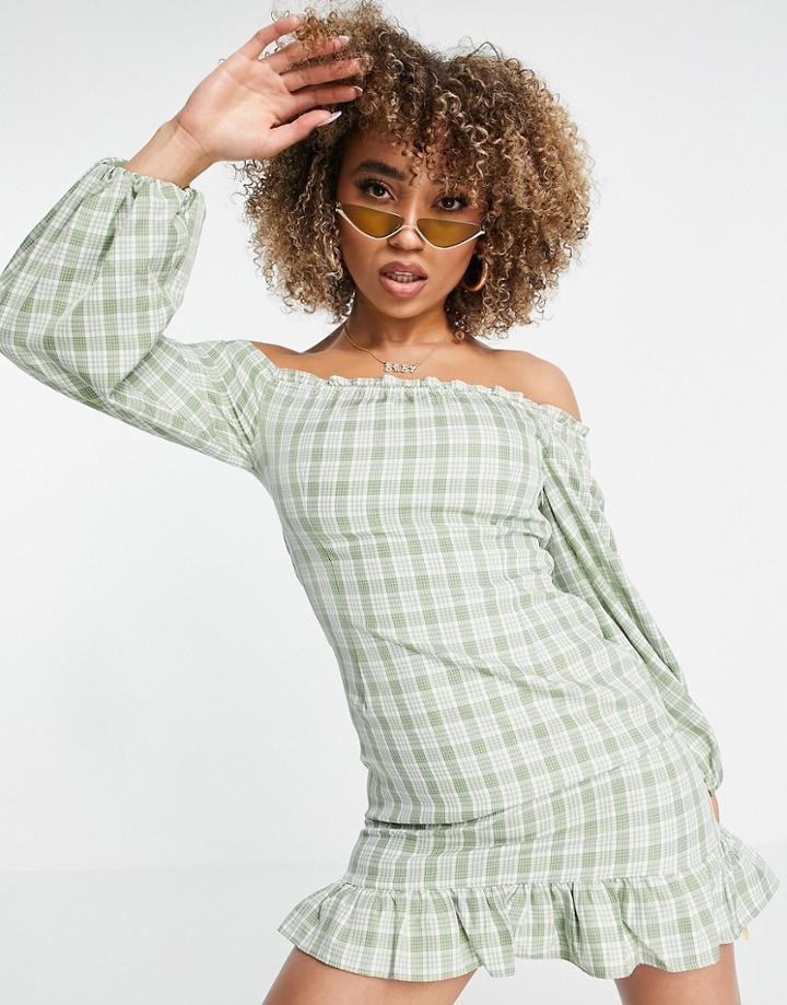 Na-kd X Jazmin Azizam Off Shoulder Check Print Mini Dress In Green