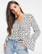 Asos Design Button Front Smock Top In Cream And Black Dot Print-multi