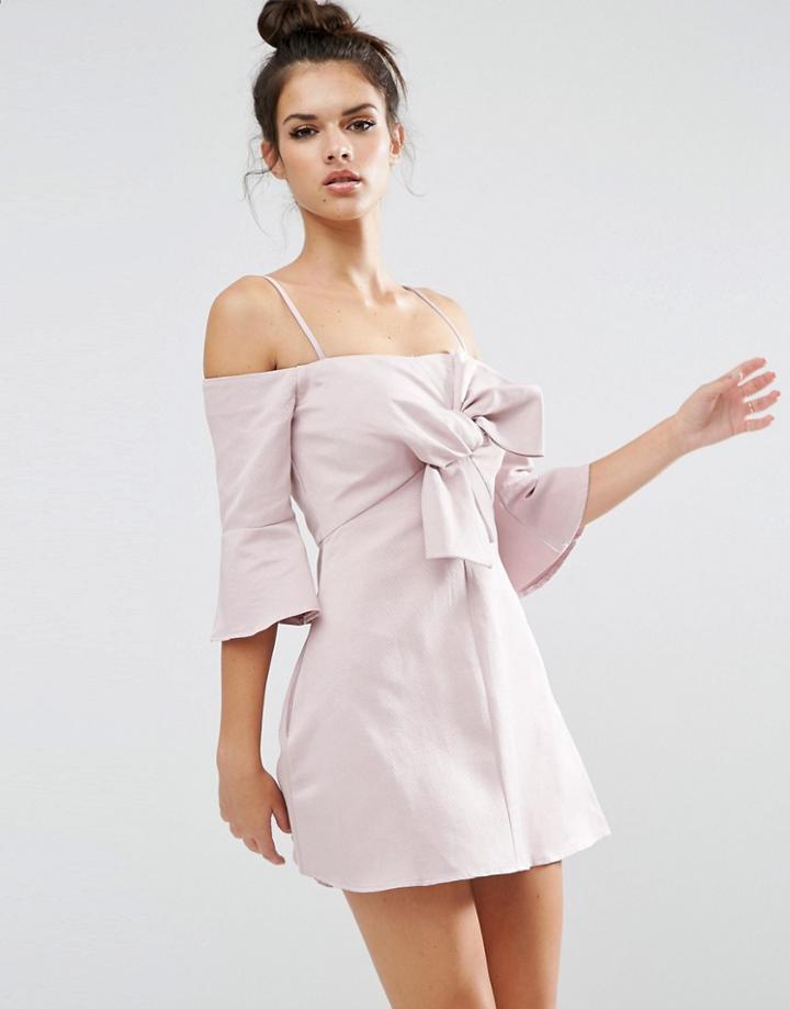 Asos Bow Front Trumpet Sleeve Mini Dress - Beige