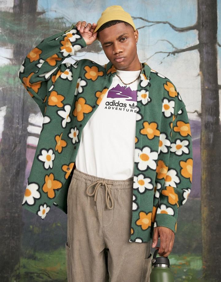 Asos Design 90s Oversized Shirt In Khaki Floral Fleece-multi