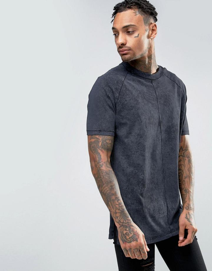Asos Longline T-shirt With Irregular Wash - Black