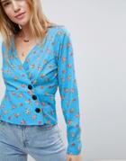Asos Wrap Long Sleeve Top In Bright Ditsy With Button Detail-multi