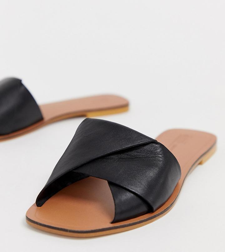Asos Design Wide Fit Favoured Leather Flat Sandals - Black