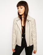 Asos Leather Biker Jacket With Multi Quilt Detail - Stone