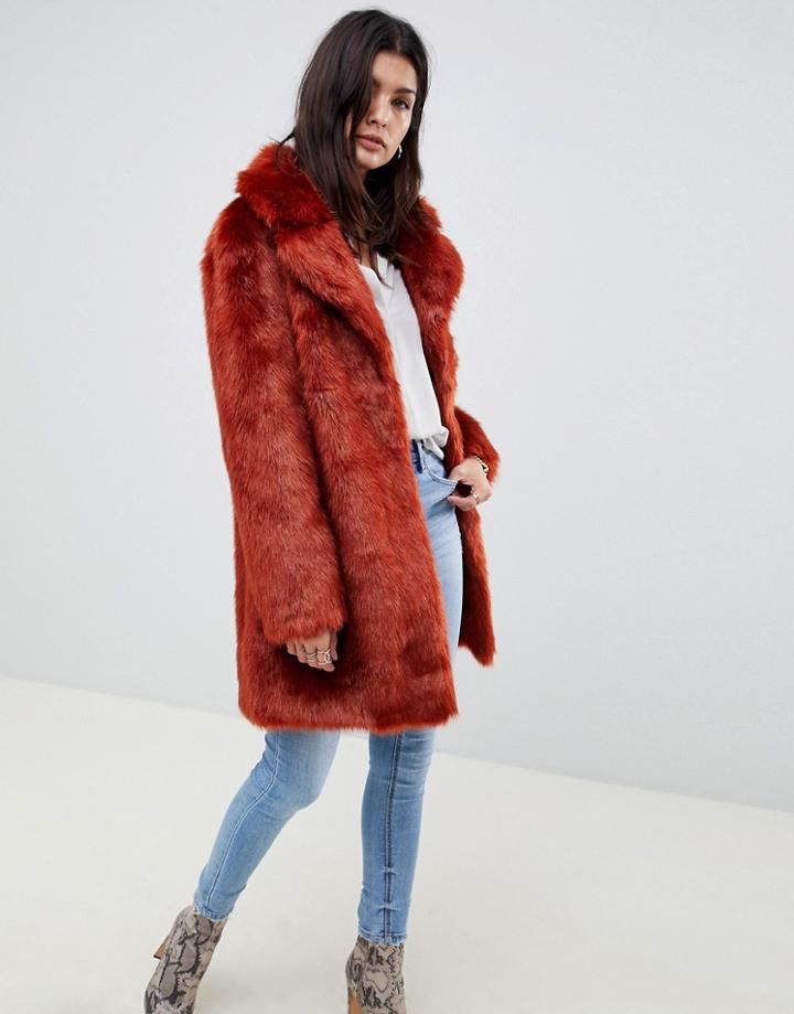 Asos Design Plush Faux Fur Coat - Brown