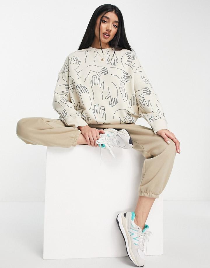 Monki Oversize Sweatshirt In Beige Hand Print-neutral