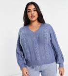 Fashion Union Plus Slouch V-neck Sweater With Pearl Detail-blues
