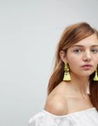 Asos Teardrop Jewel And Triple Tassel Earrings - Yellow