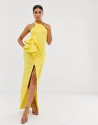 Asos Design Halter Racer Neck Maxi Dress With Tuck Detail-yellow