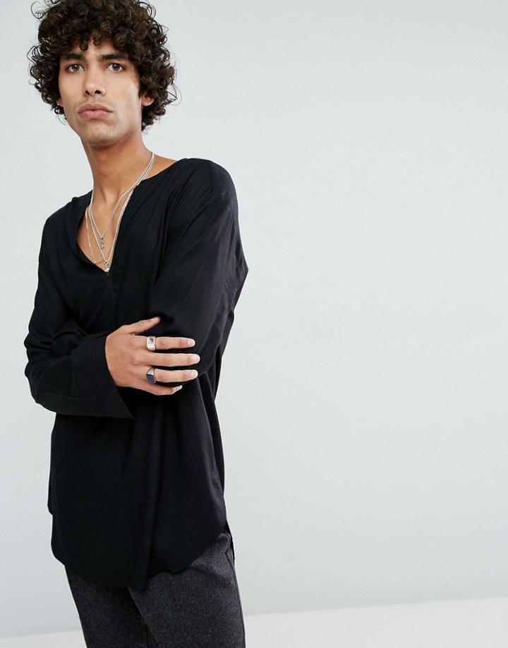 Asos Design Regular Fit Longline Viscose Shirt With V Neck In Black