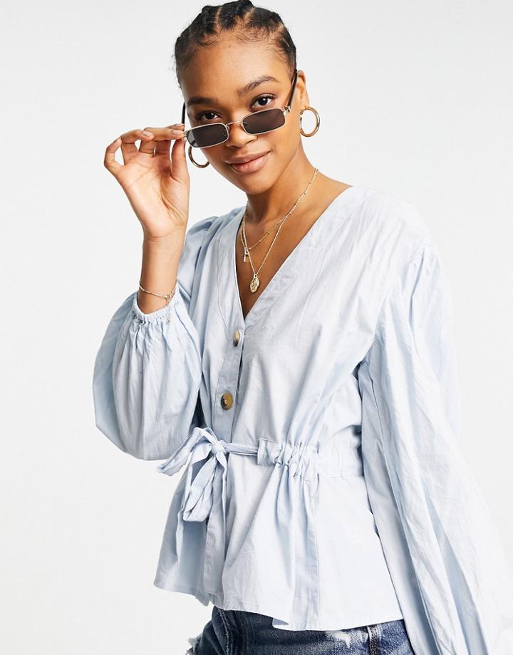 Asos Design Cotton Button Through Top With Tie Waist In Dusty Blue-no Color