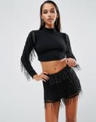 Asos Night Top With Beaded Fringe Sleeve - Black