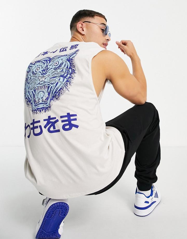 Jack & Jones Originals Oversized Tank With Tiger Back Print In Sand-neutral