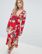 Prettylittlething Floral Ruffle Wrap Midi Dress - Red