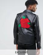 Reclaimed Vintage Leather Biker Jacket With Rose Back Patch - Black