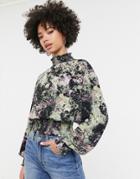 Monki Floral Print Cropped Top With Long Sleeve In Black