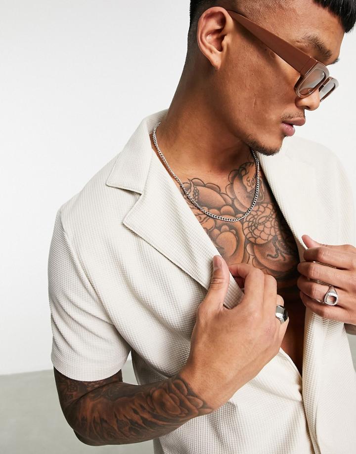 Asos Design Waffle Wrap Revere Collar Shirt In Beige-neutral